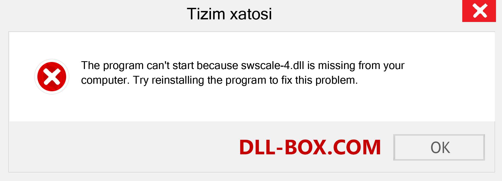 swscale-4.dll fayli yo'qolganmi?. Windows 7, 8, 10 uchun yuklab olish - Windowsda swscale-4 dll etishmayotgan xatoni tuzating, rasmlar, rasmlar